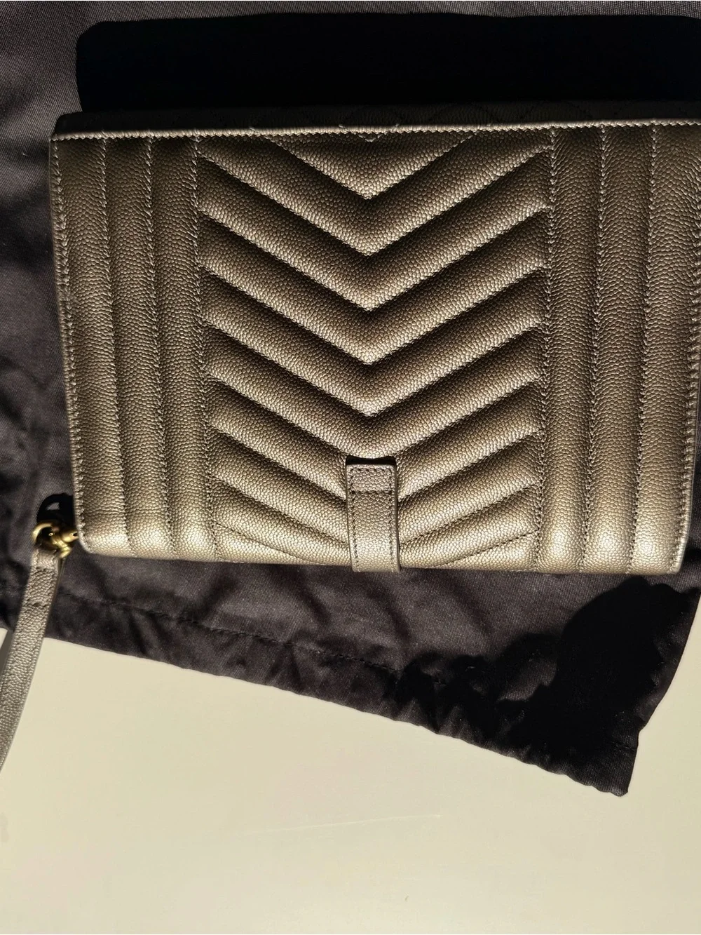 Saint Laurent Metallic Gold Quilted Chevron Wristlet Clutch